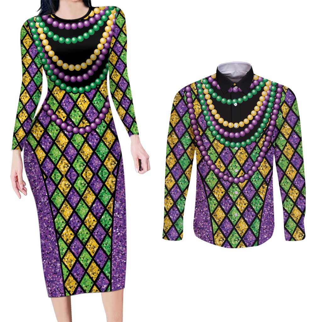 Mardi Gras Strings of Beads Couples Matching Long Sleeve Bodycon Dress and Long Sleeve Button Shirt