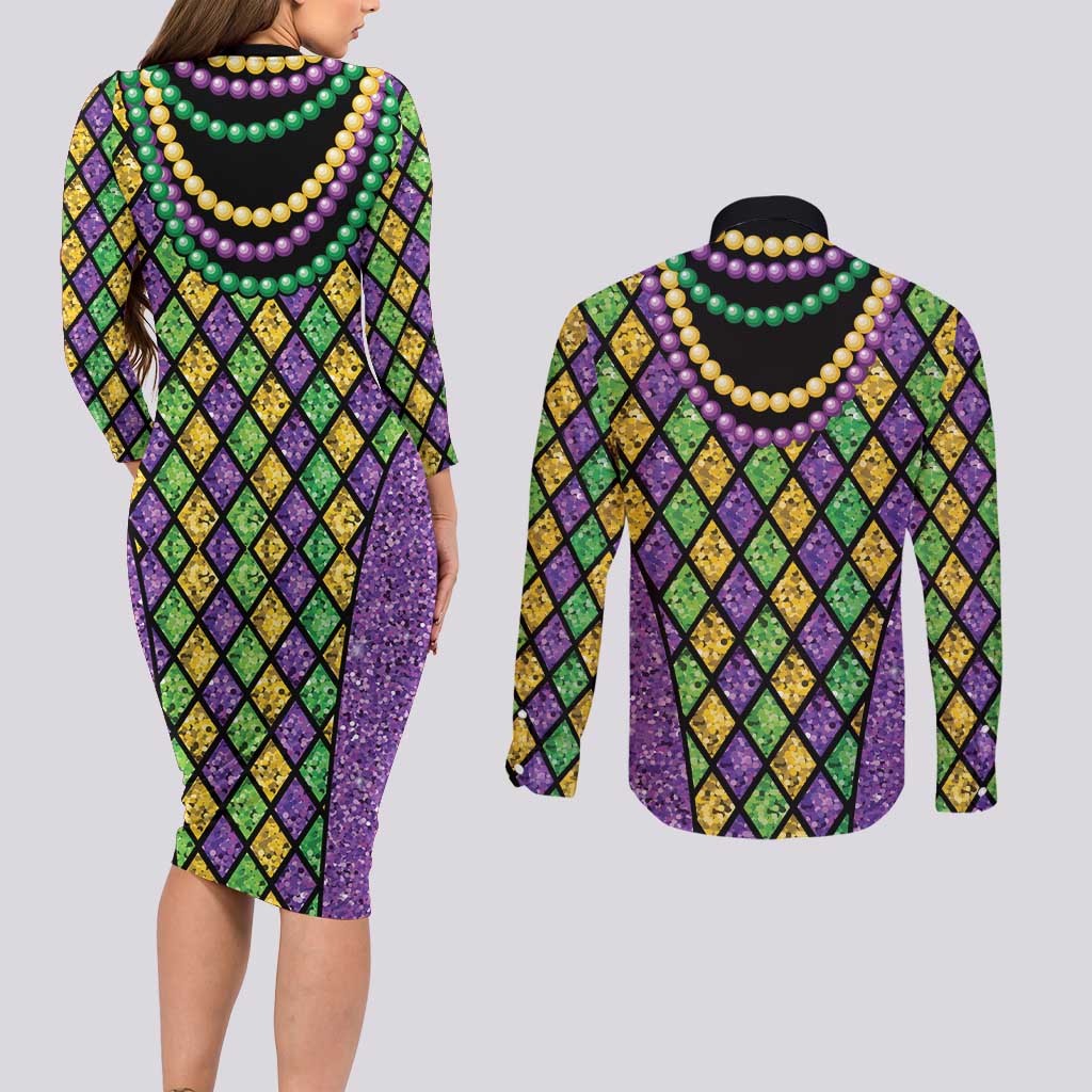 Mardi Gras Strings of Beads Couples Matching Long Sleeve Bodycon Dress and Long Sleeve Button Shirt