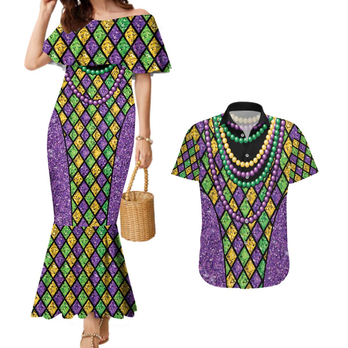 Mardi Gras Strings of Beads Couples Matching Mermaid Dress and Hawaiian Shirt