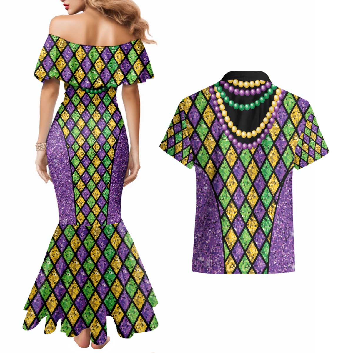 Mardi Gras Strings of Beads Couples Matching Mermaid Dress and Hawaiian Shirt