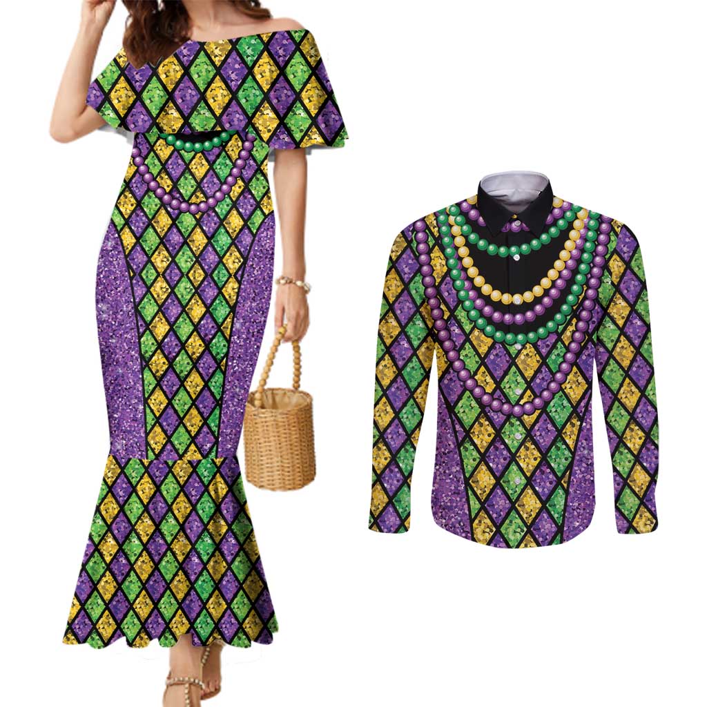 Mardi Gras Strings of Beads Couples Matching Mermaid Dress and Long Sleeve Button Shirt