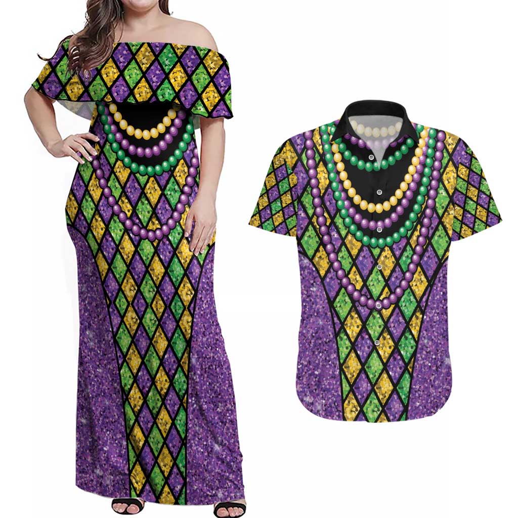 Mardi Gras Strings of Beads Couples Matching Off Shoulder Maxi Dress and Hawaiian Shirt