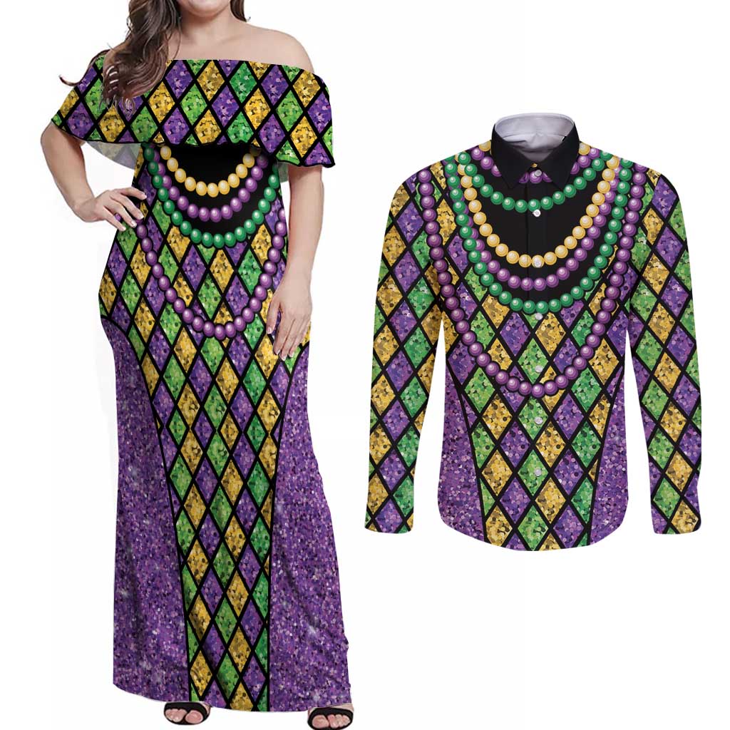 Mardi Gras Strings of Beads Couples Matching Off Shoulder Maxi Dress and Long Sleeve Button Shirt
