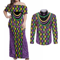 Mardi Gras Strings of Beads Couples Matching Off Shoulder Maxi Dress and Long Sleeve Button Shirt