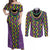Mardi Gras Strings of Beads Couples Matching Off Shoulder Maxi Dress and Long Sleeve Button Shirt