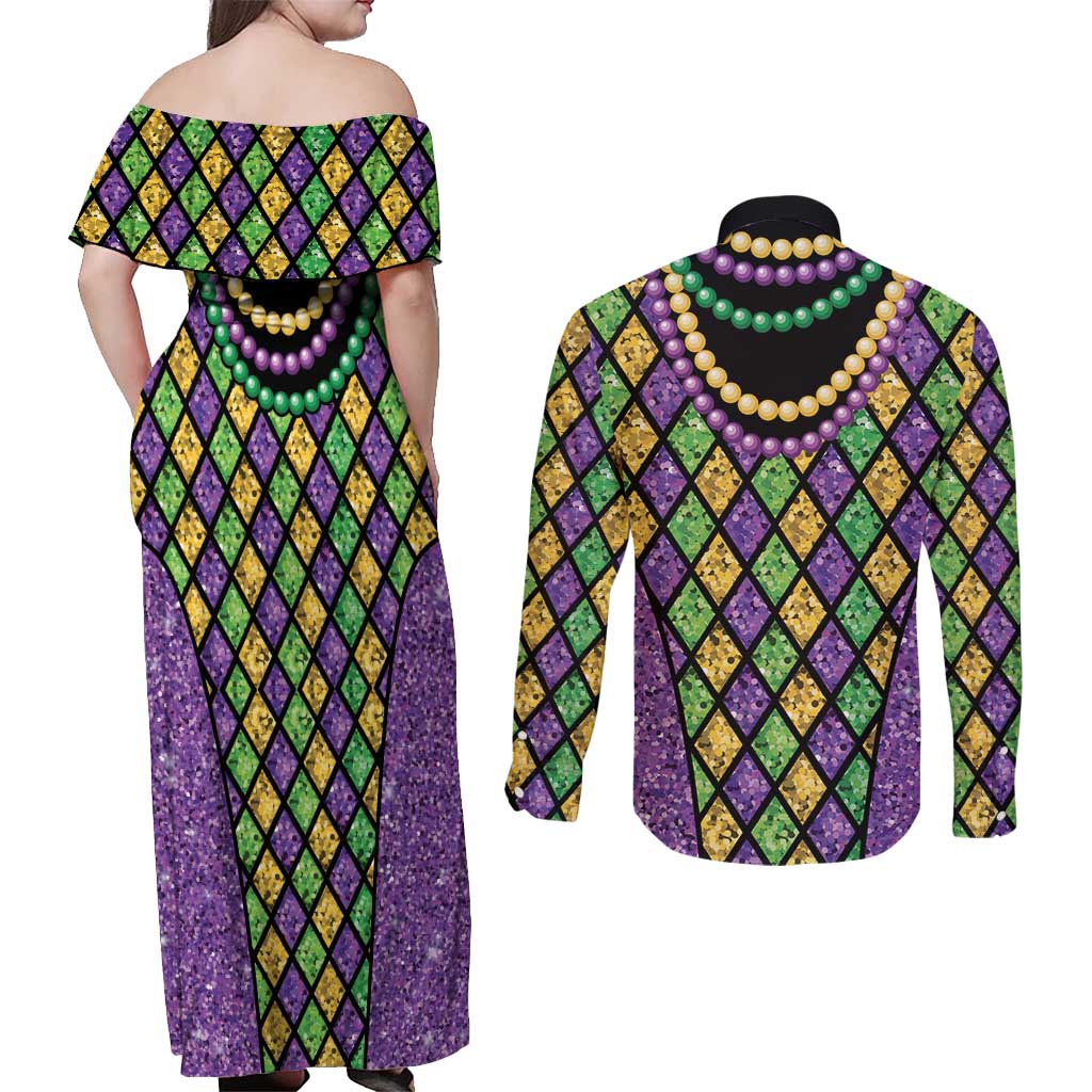 Mardi Gras Strings of Beads Couples Matching Off Shoulder Maxi Dress and Long Sleeve Button Shirt