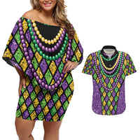 Mardi Gras Strings of Beads Couples Matching Off Shoulder Short Dress and Hawaiian Shirt