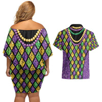 Mardi Gras Strings of Beads Couples Matching Off Shoulder Short Dress and Hawaiian Shirt