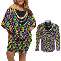 Mardi Gras Strings of Beads Couples Matching Off Shoulder Short Dress and Long Sleeve Button Shirt