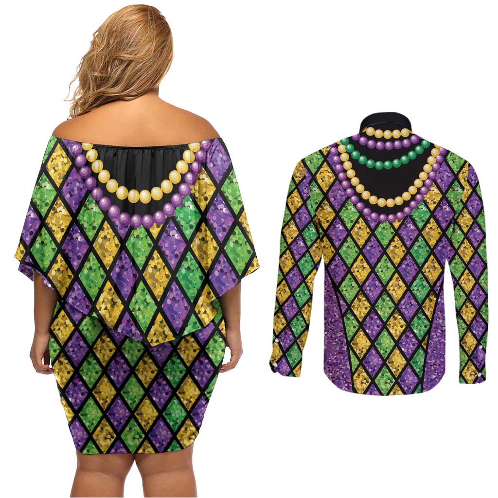 Mardi Gras Strings of Beads Couples Matching Off Shoulder Short Dress and Long Sleeve Button Shirt