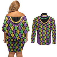 Mardi Gras Strings of Beads Couples Matching Off Shoulder Short Dress and Long Sleeve Button Shirt