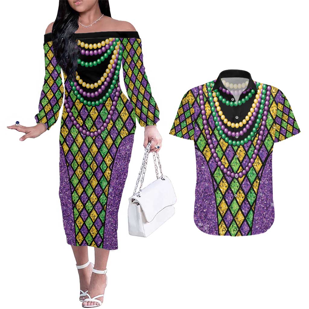 Mardi Gras Strings of Beads Couples Matching Off The Shoulder Long Sleeve Dress and Hawaiian Shirt