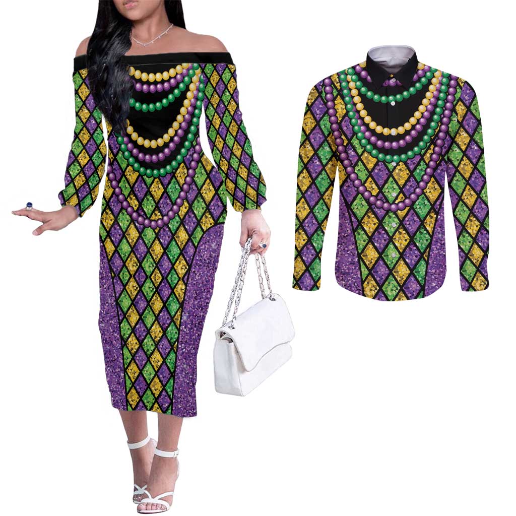 Mardi Gras Strings of Beads Couples Matching Off The Shoulder Long Sleeve Dress and Long Sleeve Button Shirt