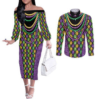 Mardi Gras Strings of Beads Couples Matching Off The Shoulder Long Sleeve Dress and Long Sleeve Button Shirt