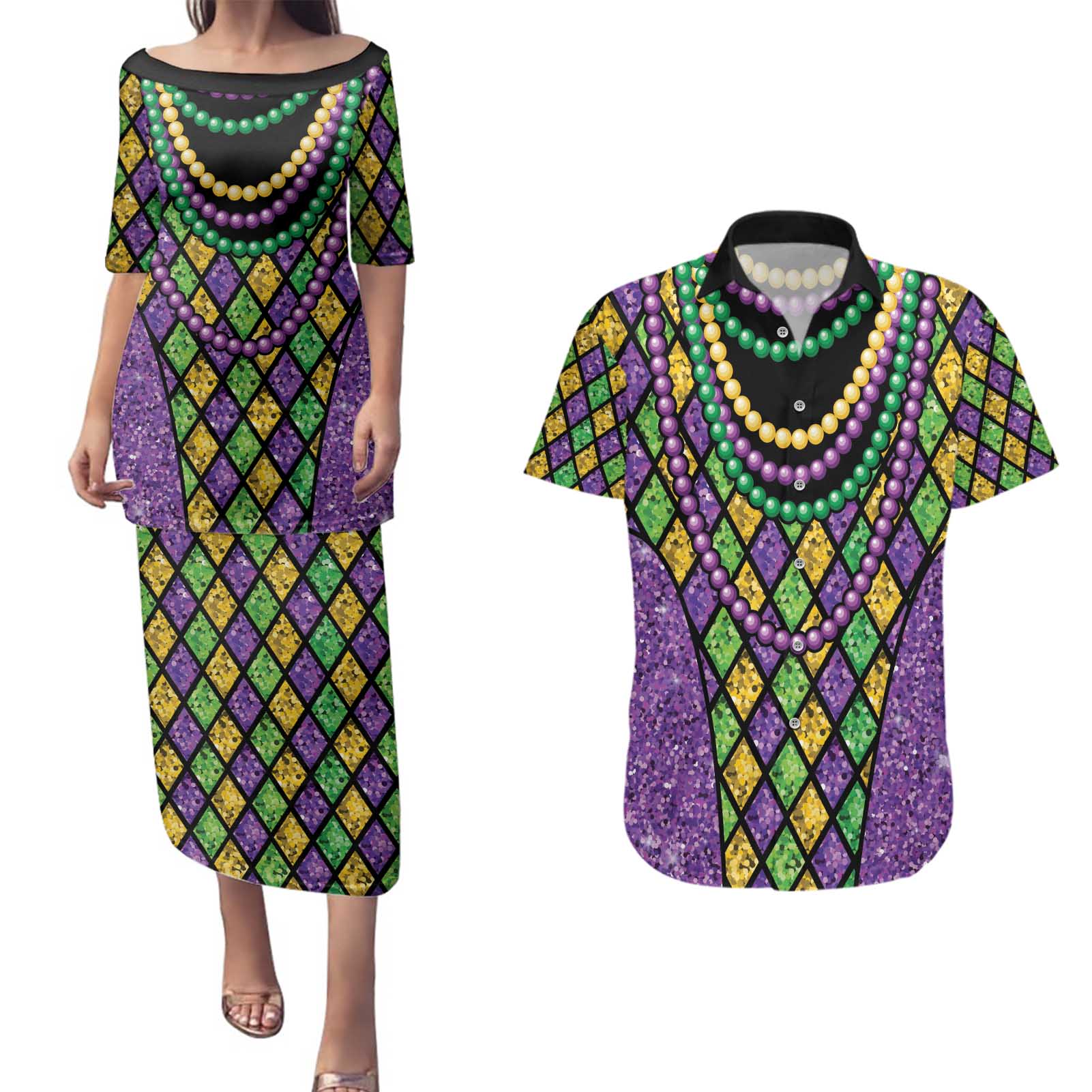 Mardi Gras Strings of Beads Couples Matching Puletasi and Hawaiian Shirt