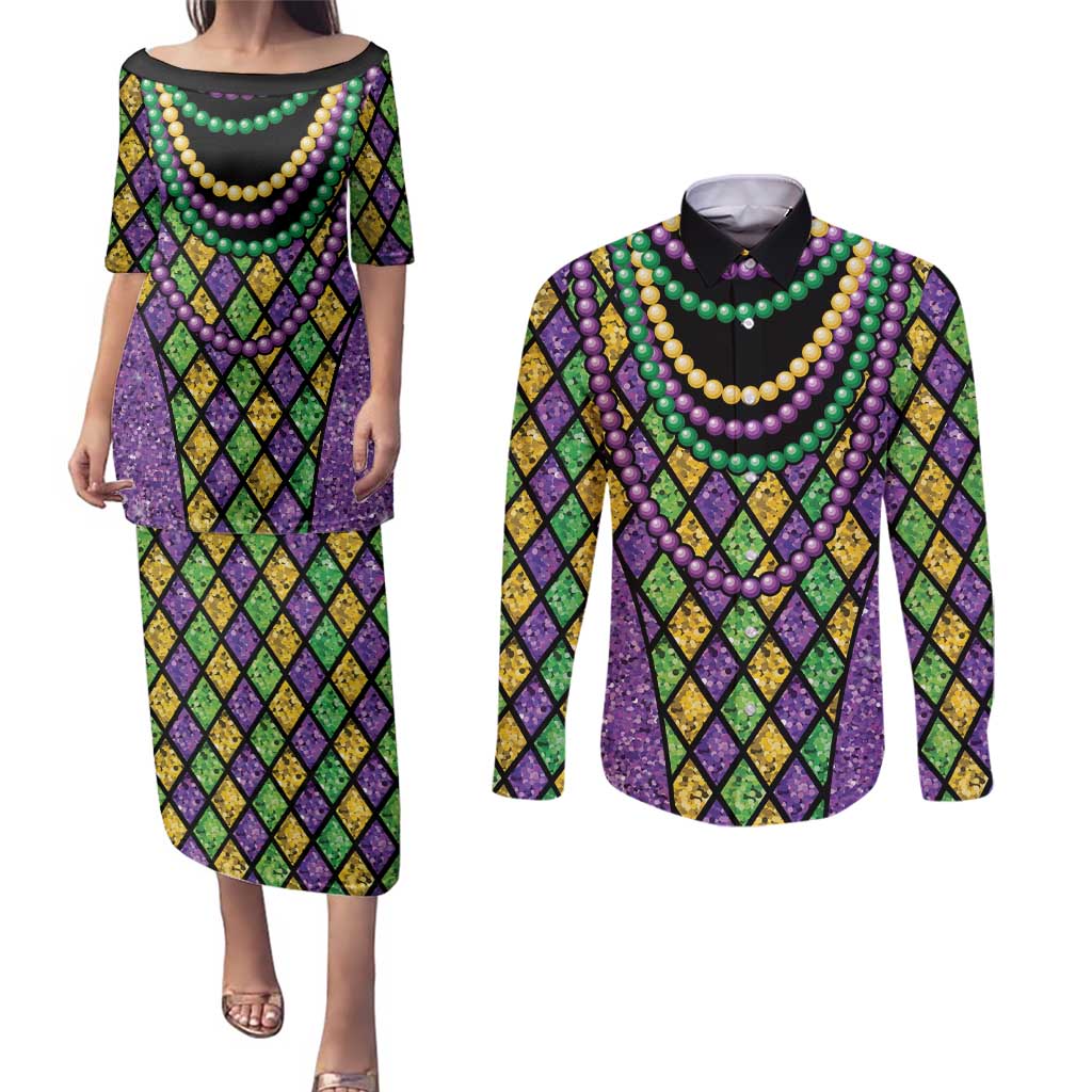 Mardi Gras Strings of Beads Couples Matching Puletasi and Long Sleeve Button Shirt