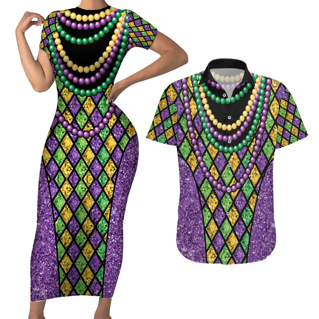 Mardi Gras Strings of Beads Couples Matching Short Sleeve Bodycon Dress and Hawaiian Shirt