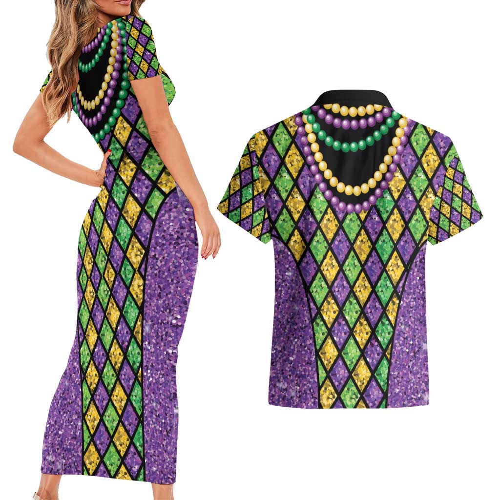 Mardi Gras Strings of Beads Couples Matching Short Sleeve Bodycon Dress and Hawaiian Shirt
