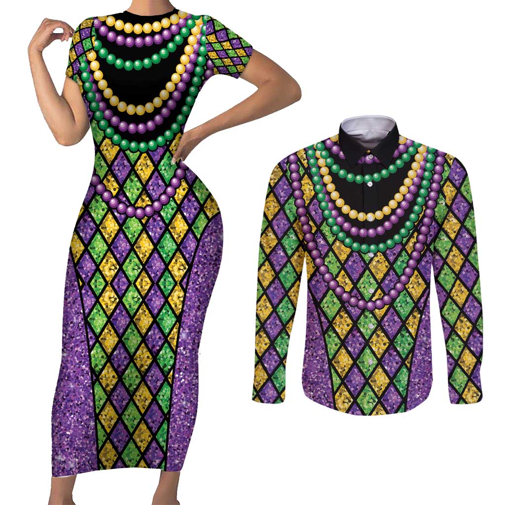 Mardi Gras Strings of Beads Couples Matching Short Sleeve Bodycon Dress and Long Sleeve Button Shirt