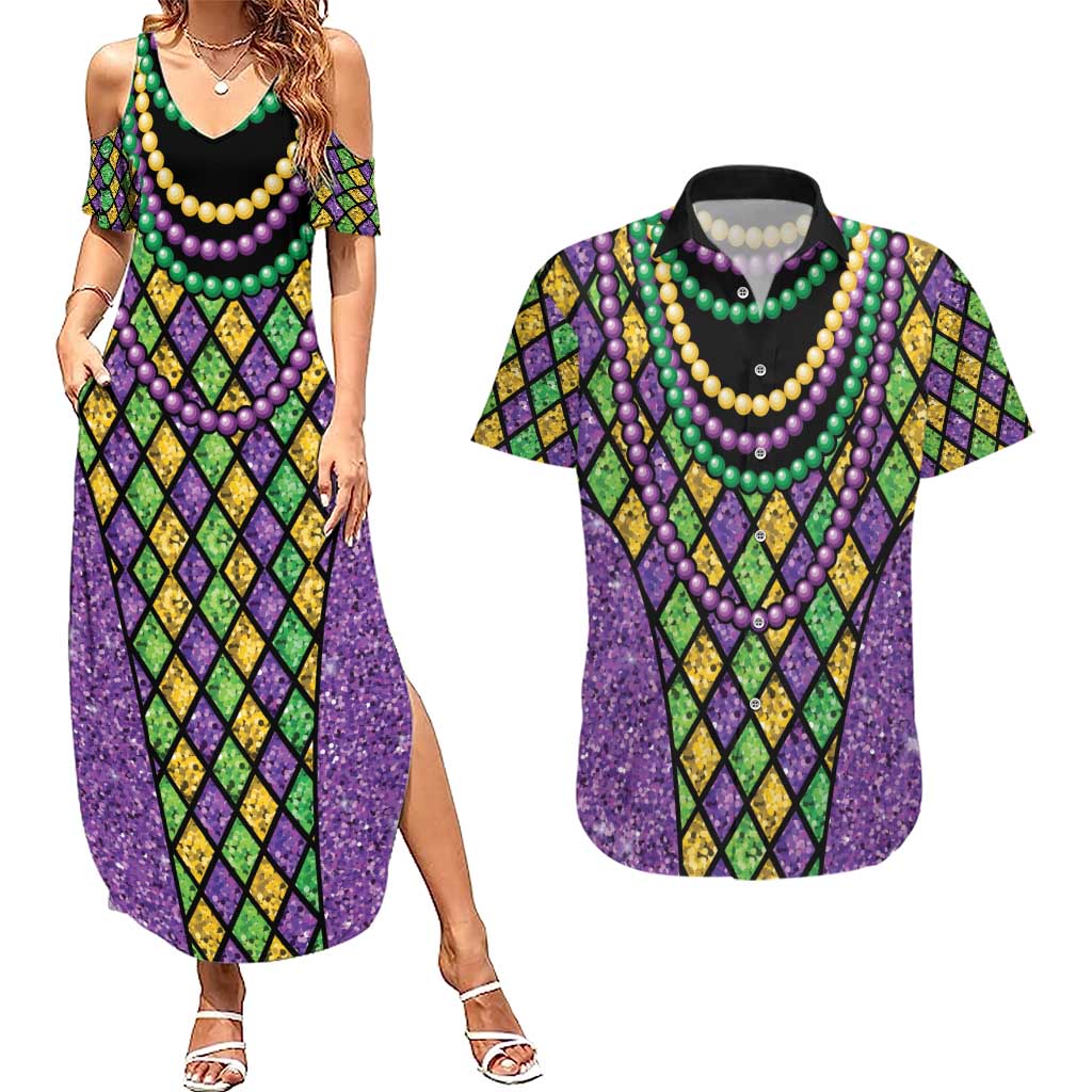 Mardi Gras Strings of Beads Couples Matching Summer Maxi Dress and Hawaiian Shirt
