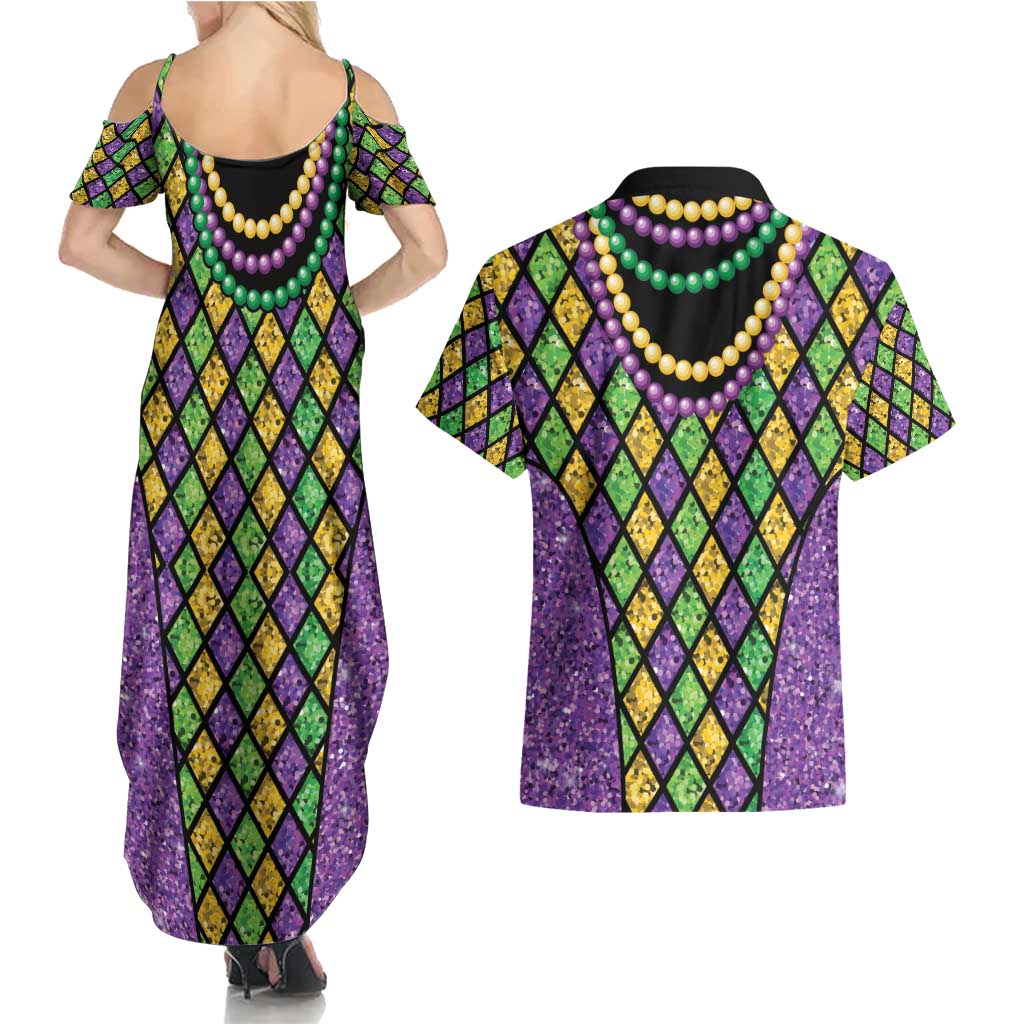 Mardi Gras Strings of Beads Couples Matching Summer Maxi Dress and Hawaiian Shirt
