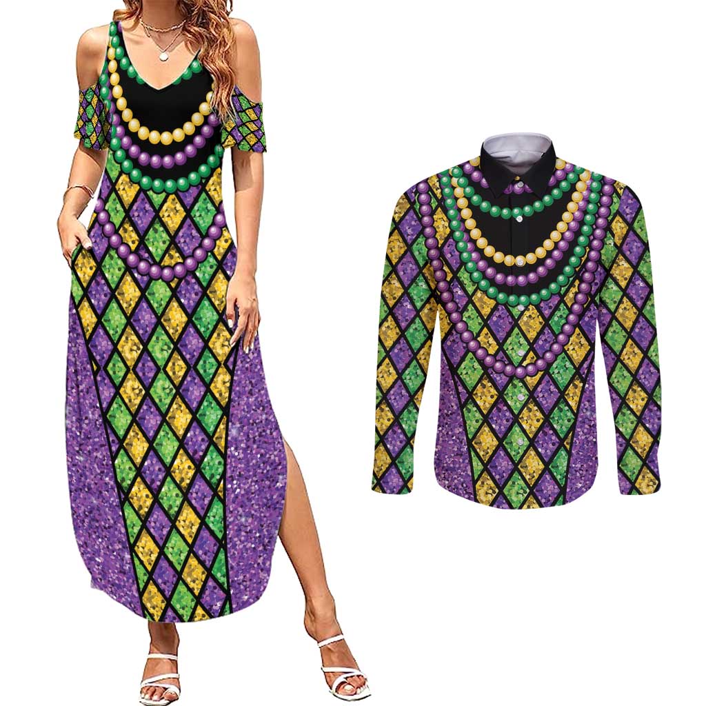 Mardi Gras Strings of Beads Couples Matching Summer Maxi Dress and Long Sleeve Button Shirt