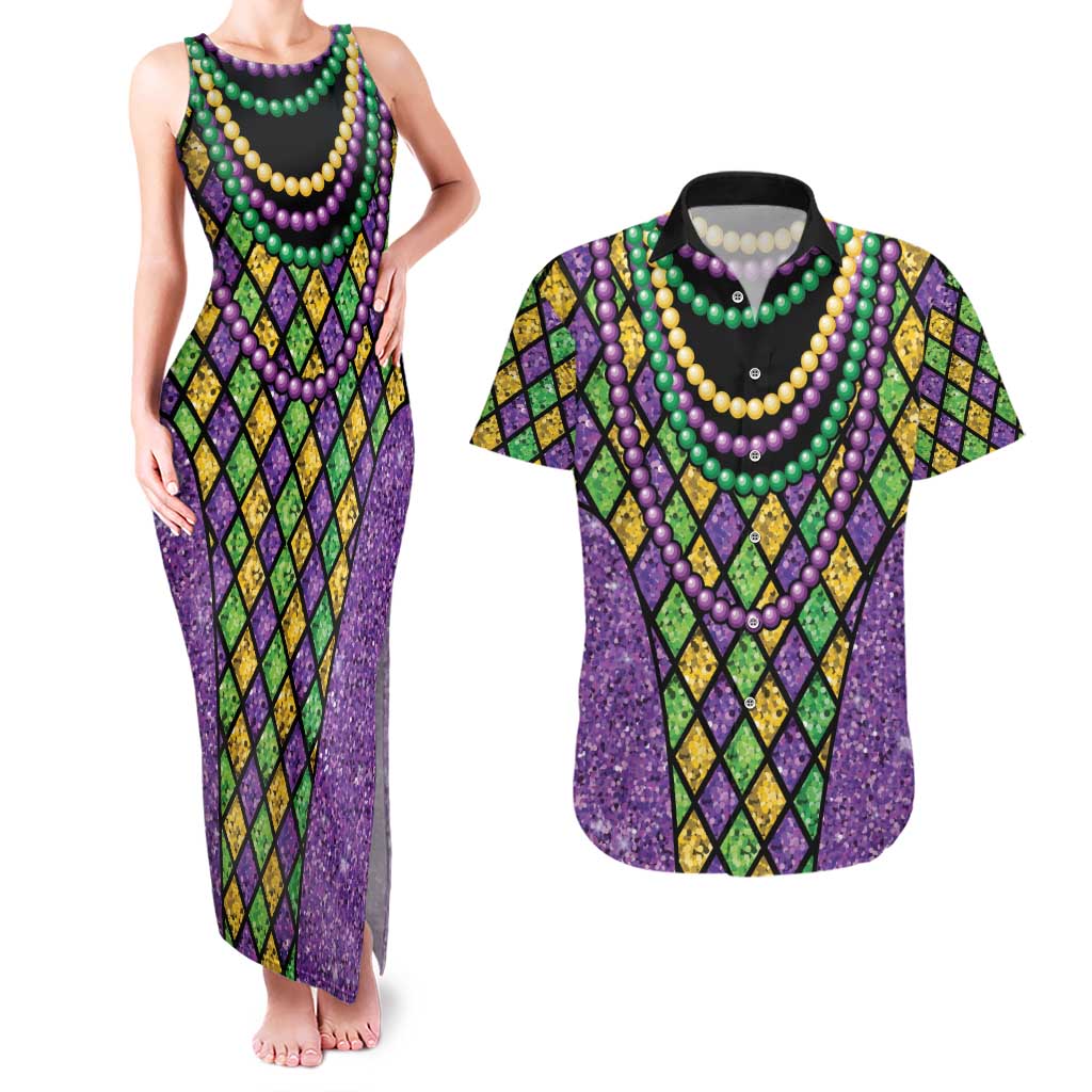 Mardi Gras Strings of Beads Couples Matching Tank Maxi Dress and Hawaiian Shirt