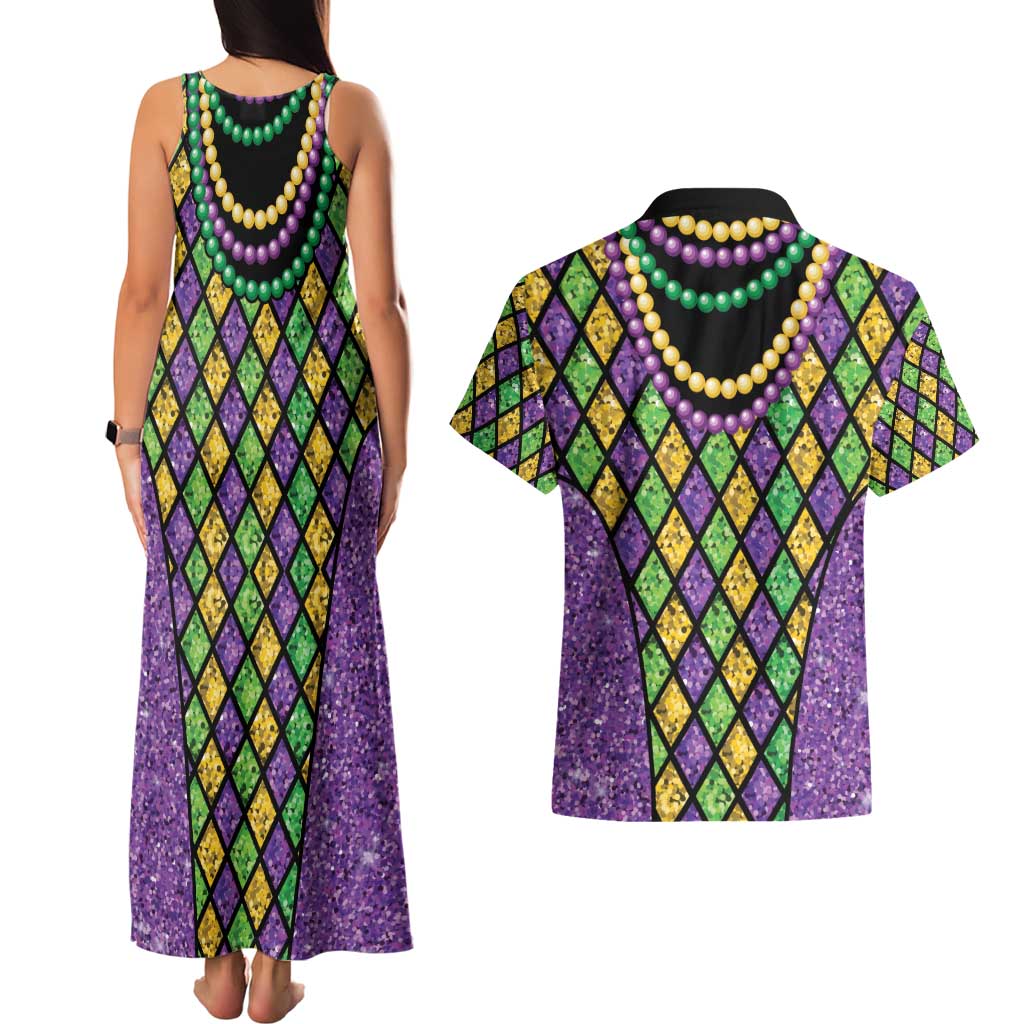 Mardi Gras Strings of Beads Couples Matching Tank Maxi Dress and Hawaiian Shirt