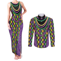 Mardi Gras Strings of Beads Couples Matching Tank Maxi Dress and Long Sleeve Button Shirt