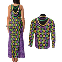 Mardi Gras Strings of Beads Couples Matching Tank Maxi Dress and Long Sleeve Button Shirt