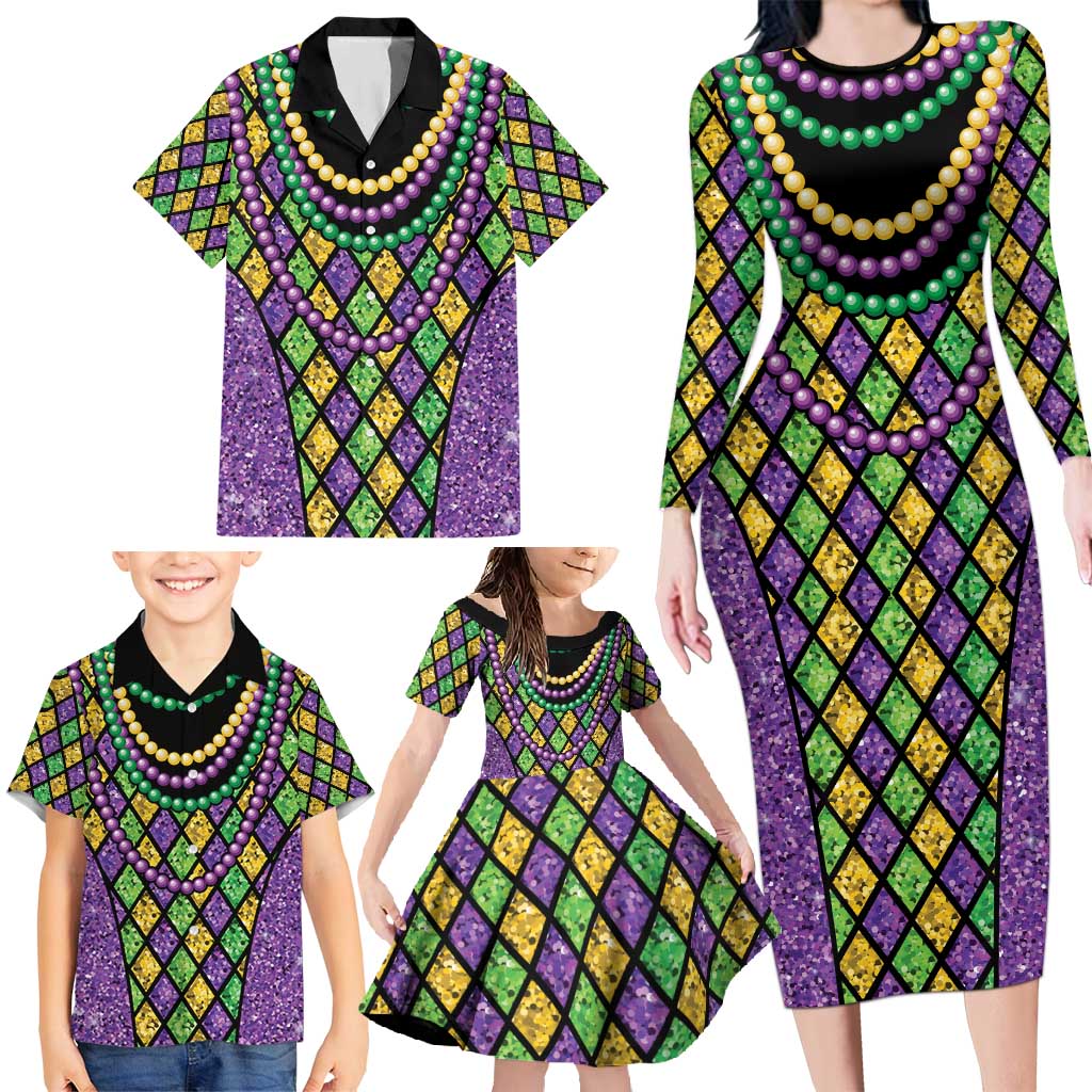 Mardi Gras Strings of Beads Family Matching Long Sleeve Bodycon Dress and Hawaiian Shirt LT9 - Wonder Print Shop