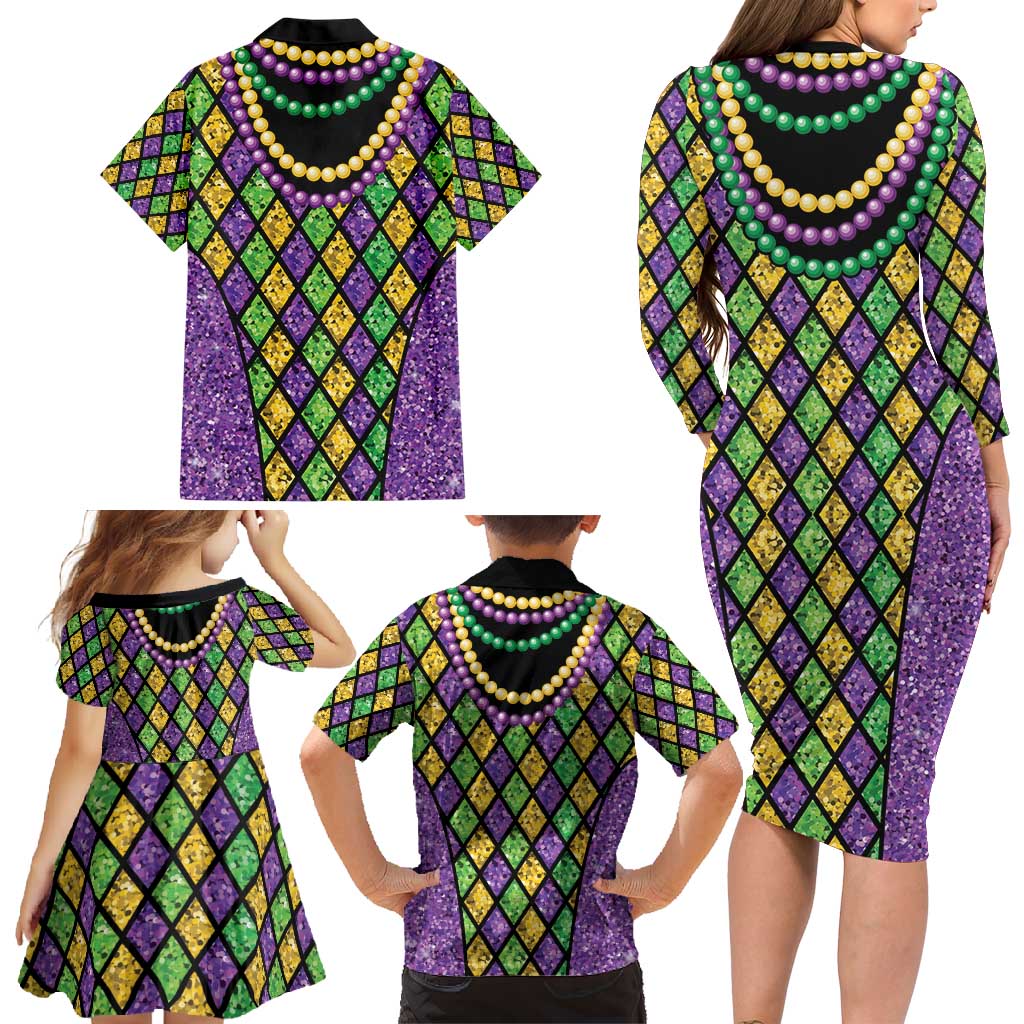 Mardi Gras Strings of Beads Family Matching Long Sleeve Bodycon Dress and Hawaiian Shirt LT9 - Wonder Print Shop