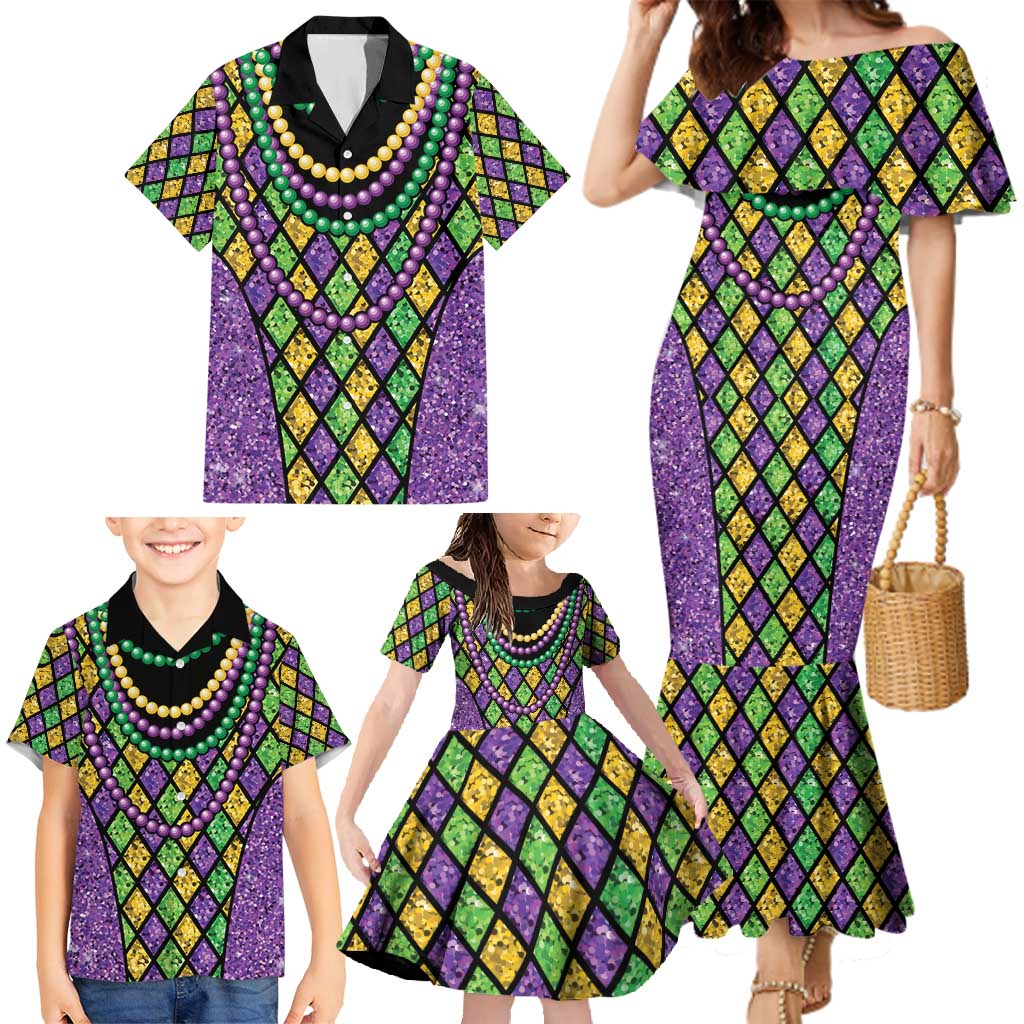 Mardi Gras Strings of Beads Family Matching Mermaid Dress and Hawaiian Shirt LT9 - Wonder Print Shop
