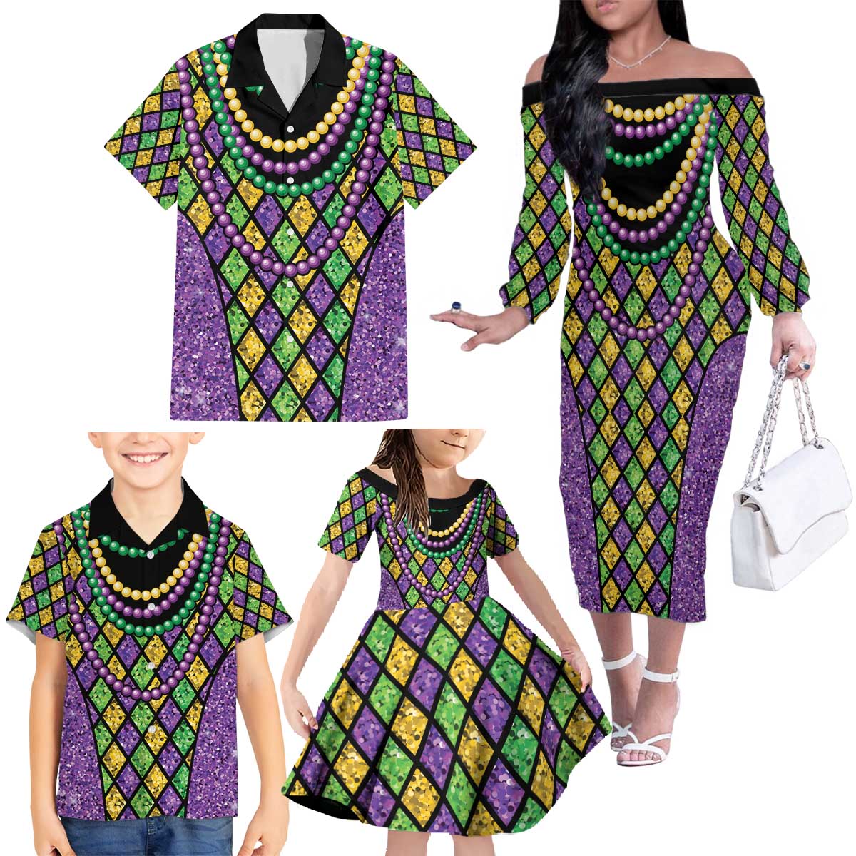 Mardi Gras Strings of Beads Family Matching Off The Shoulder Long Sleeve Dress and Hawaiian Shirt