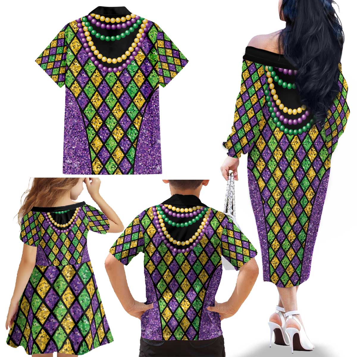 Mardi Gras Strings of Beads Family Matching Off The Shoulder Long Sleeve Dress and Hawaiian Shirt