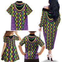 Mardi Gras Strings of Beads Family Matching Off The Shoulder Long Sleeve Dress and Hawaiian Shirt
