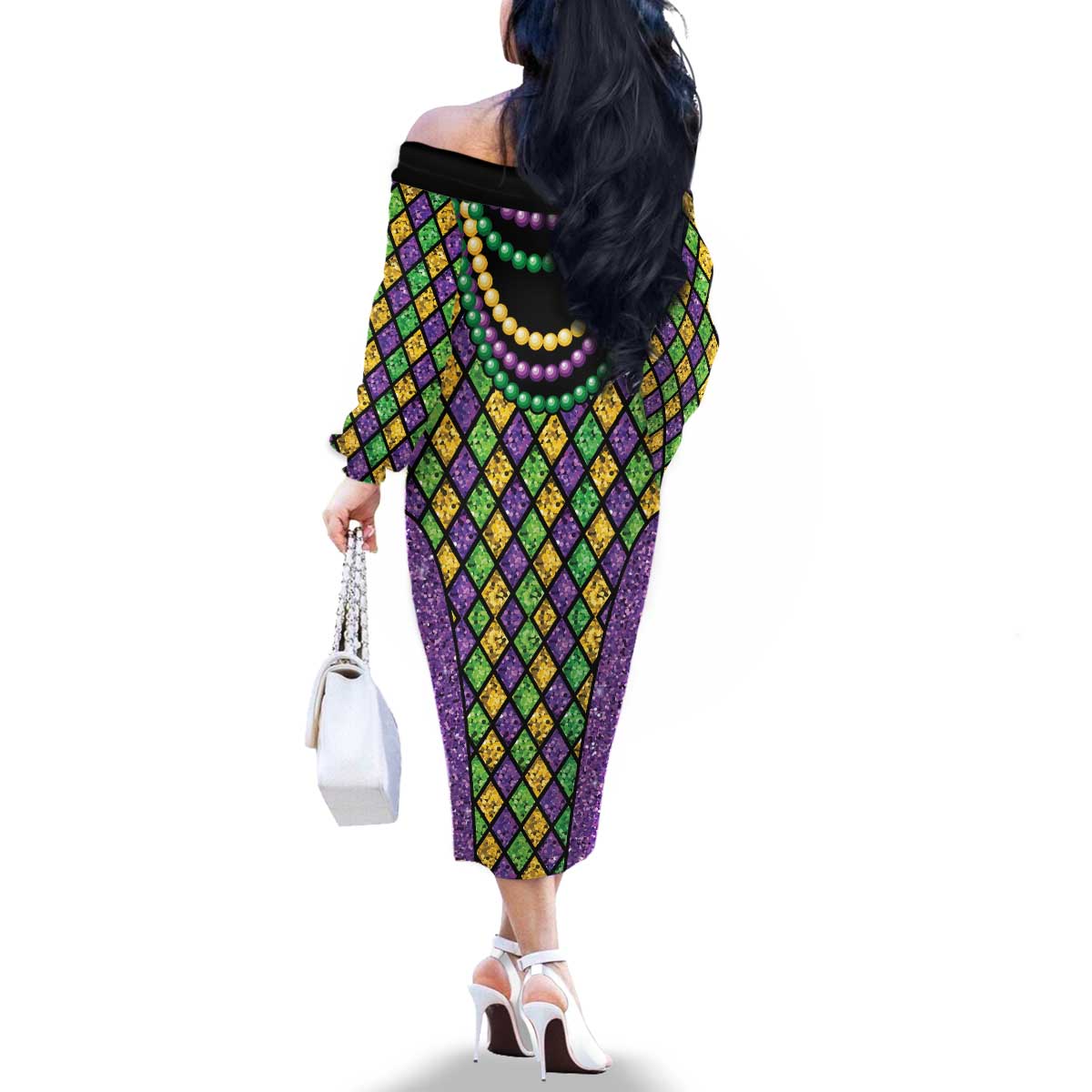 Mardi Gras Strings of Beads Family Matching Off The Shoulder Long Sleeve Dress and Hawaiian Shirt