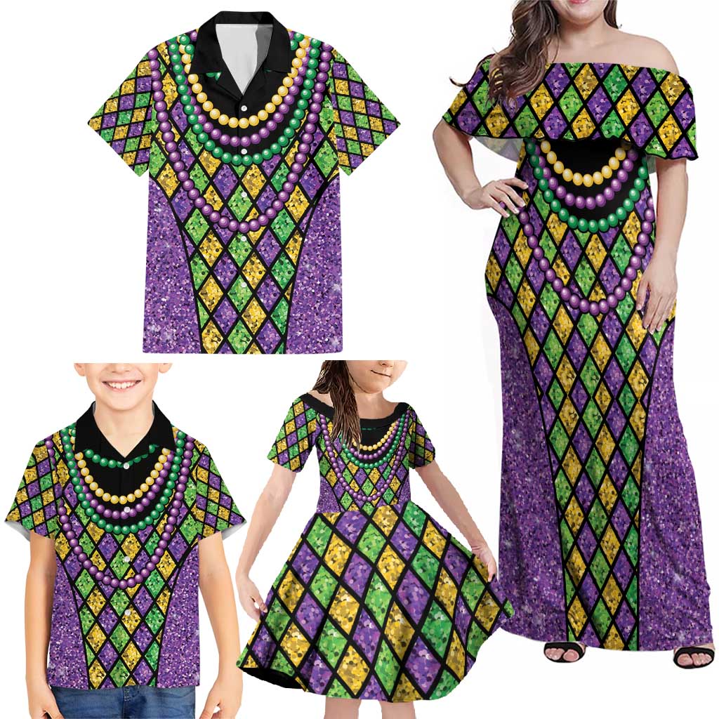 Mardi Gras Strings of Beads Family Matching Off Shoulder Maxi Dress and Hawaiian Shirt LT9 - Wonder Print Shop