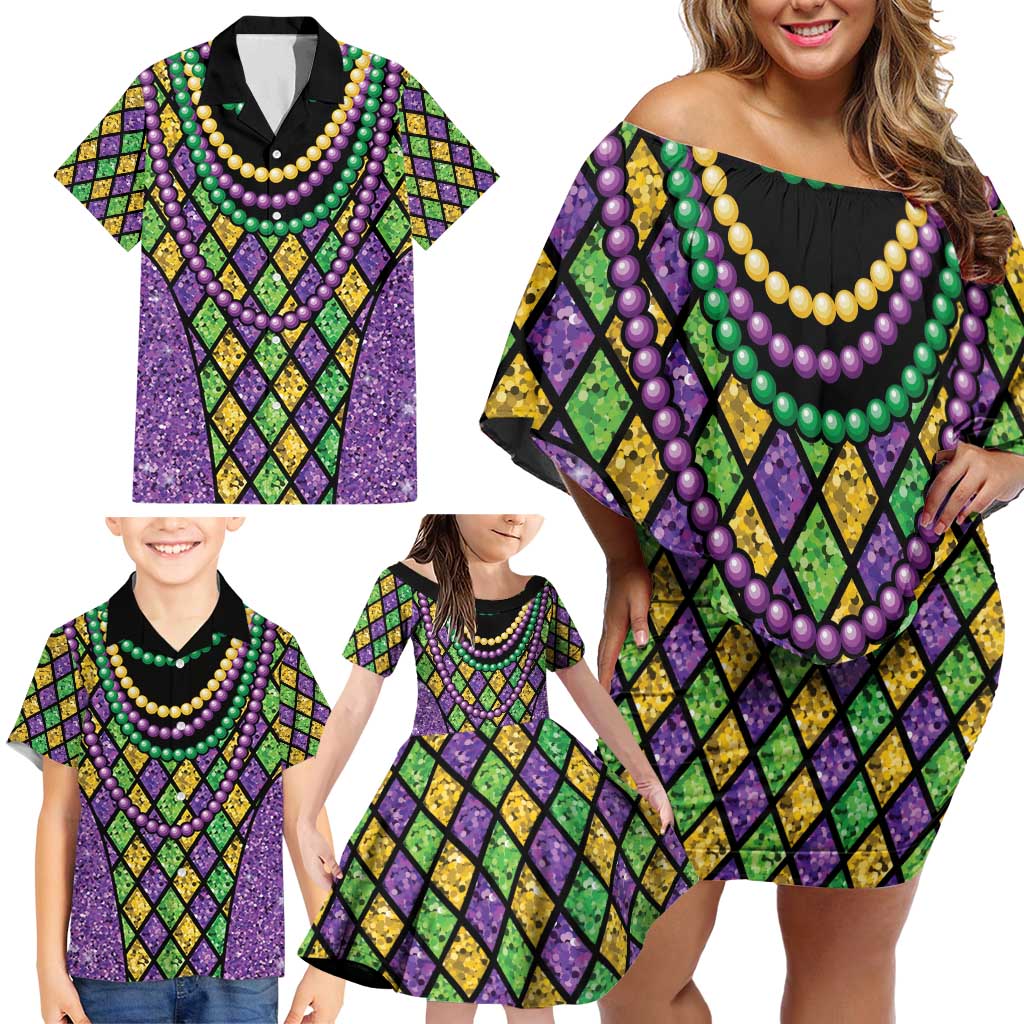 Mardi Gras Strings of Beads Family Matching Off Shoulder Short Dress and Hawaiian Shirt LT9 - Wonder Print Shop