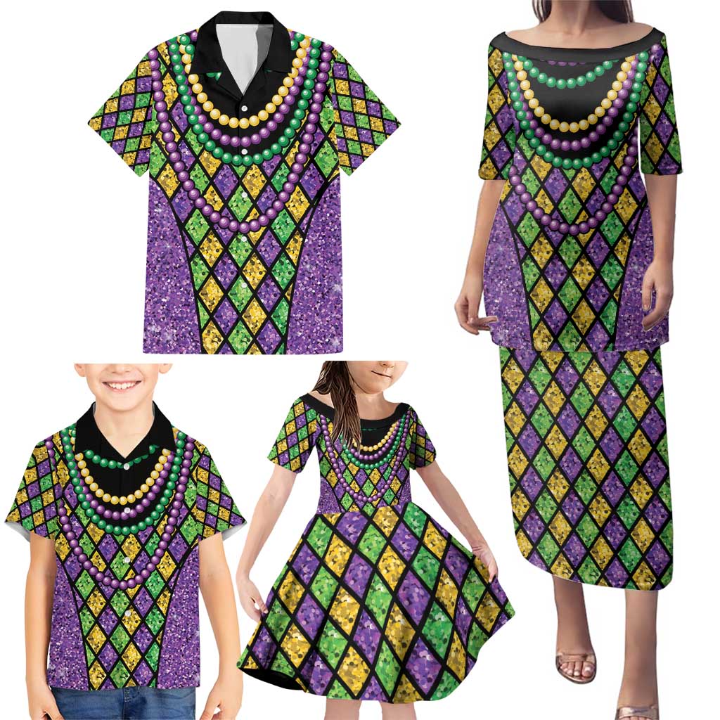 Mardi Gras Strings of Beads Family Matching Puletasi and Hawaiian Shirt