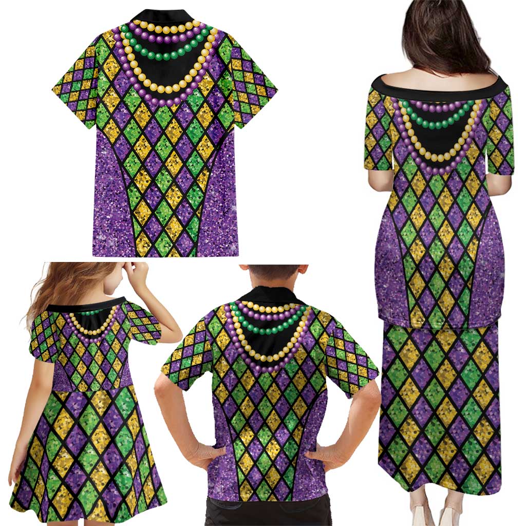 Mardi Gras Strings of Beads Family Matching Puletasi and Hawaiian Shirt