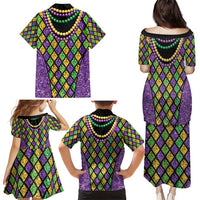 Mardi Gras Strings of Beads Family Matching Puletasi and Hawaiian Shirt