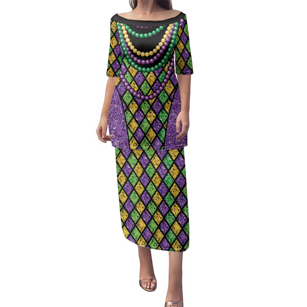 Mardi Gras Strings of Beads Family Matching Puletasi and Hawaiian Shirt