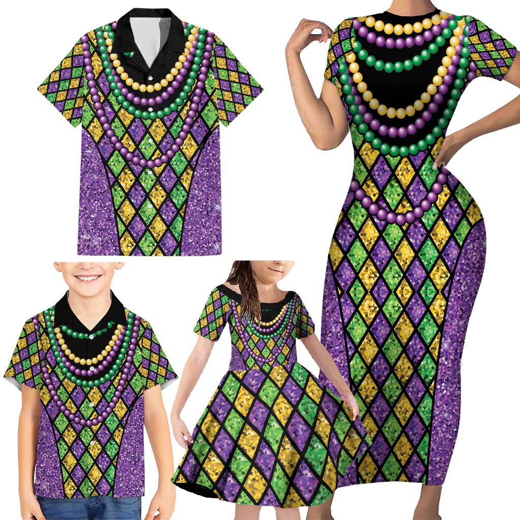 Mardi Gras Strings of Beads Family Matching Short Sleeve Bodycon Dress and Hawaiian Shirt - Wonder Print Shop