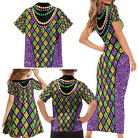 Mardi Gras Strings of Beads Family Matching Short Sleeve Bodycon Dress and Hawaiian Shirt - Wonder Print Shop
