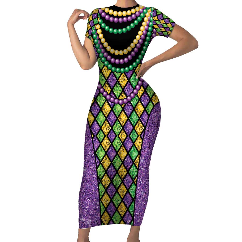 Mardi Gras Strings of Beads Family Matching Short Sleeve Bodycon Dress and Hawaiian Shirt - Wonder Print Shop