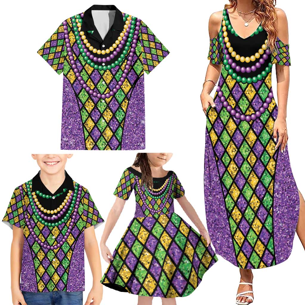 Mardi Gras Strings of Beads Family Matching Summer Maxi Dress and Hawaiian Shirt - Wonder Print Shop