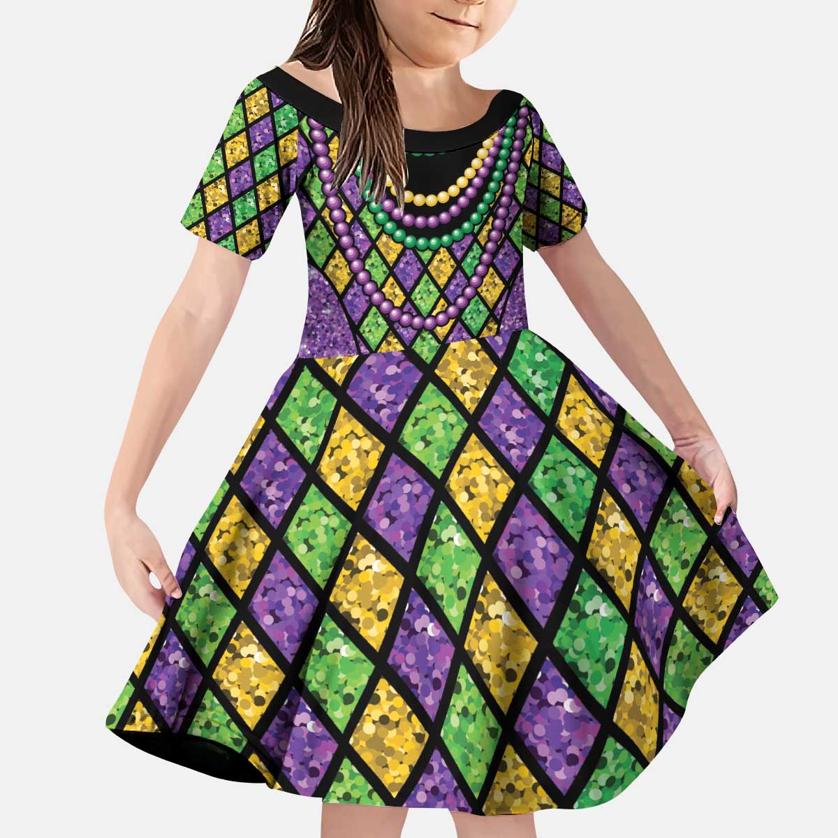Mardi Gras Strings of Beads Kid Short Sleeve Dress - Wonder Print Shop