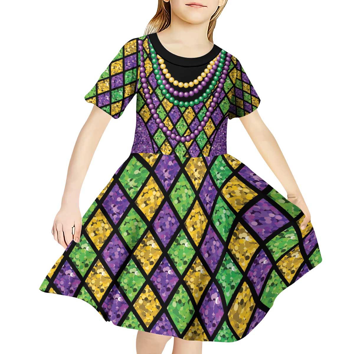 Mardi Gras Strings of Beads Kid Short Sleeve Dress - Wonder Print Shop
