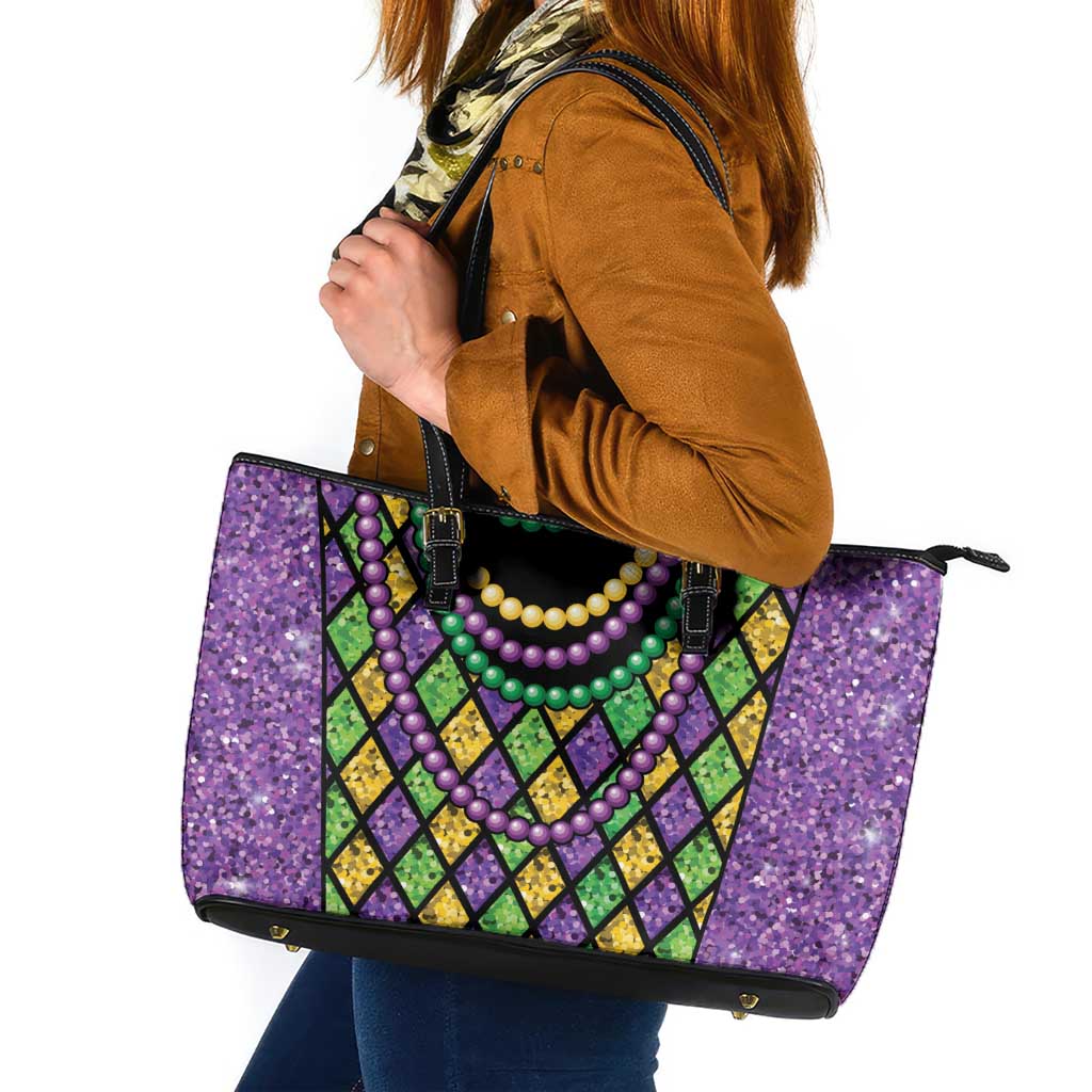 Mardi Gras Strings of Beads Leather Tote Bag